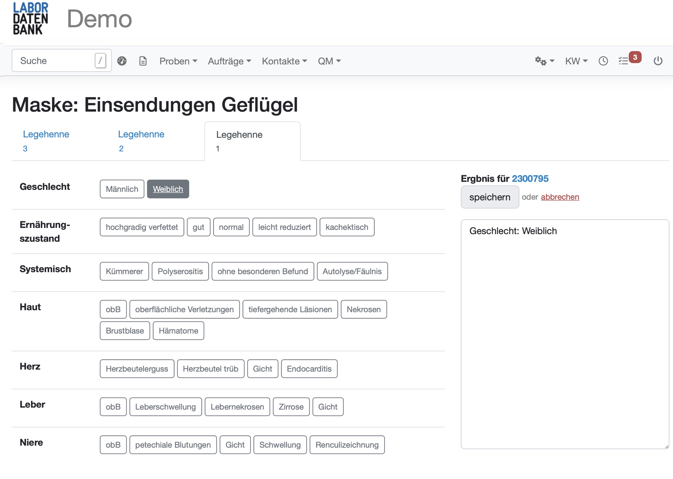 Screenshot eines LIMS für veterinärmedizinische Labore