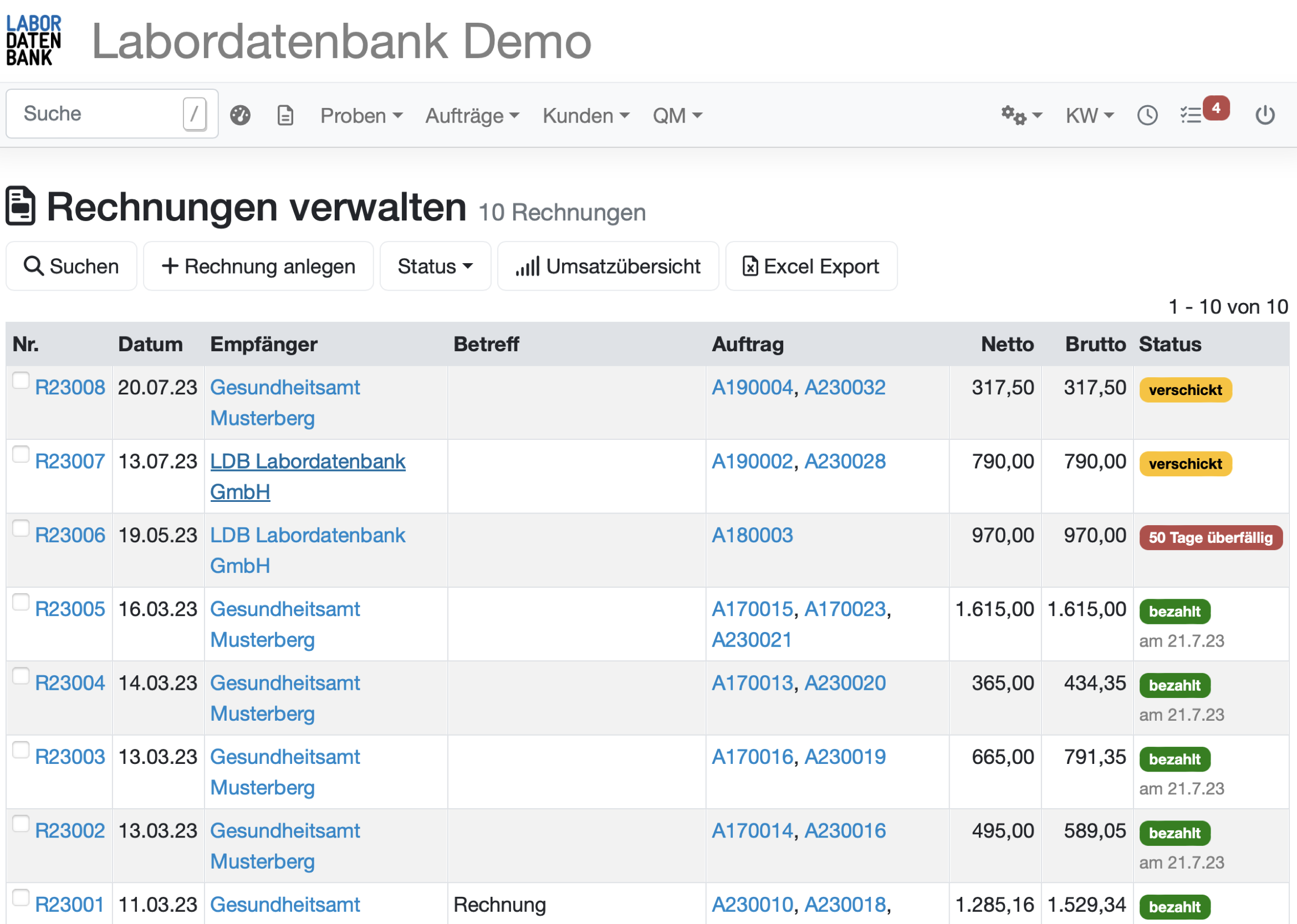 Labordatenbank LIMS Screenshot Rechnungen