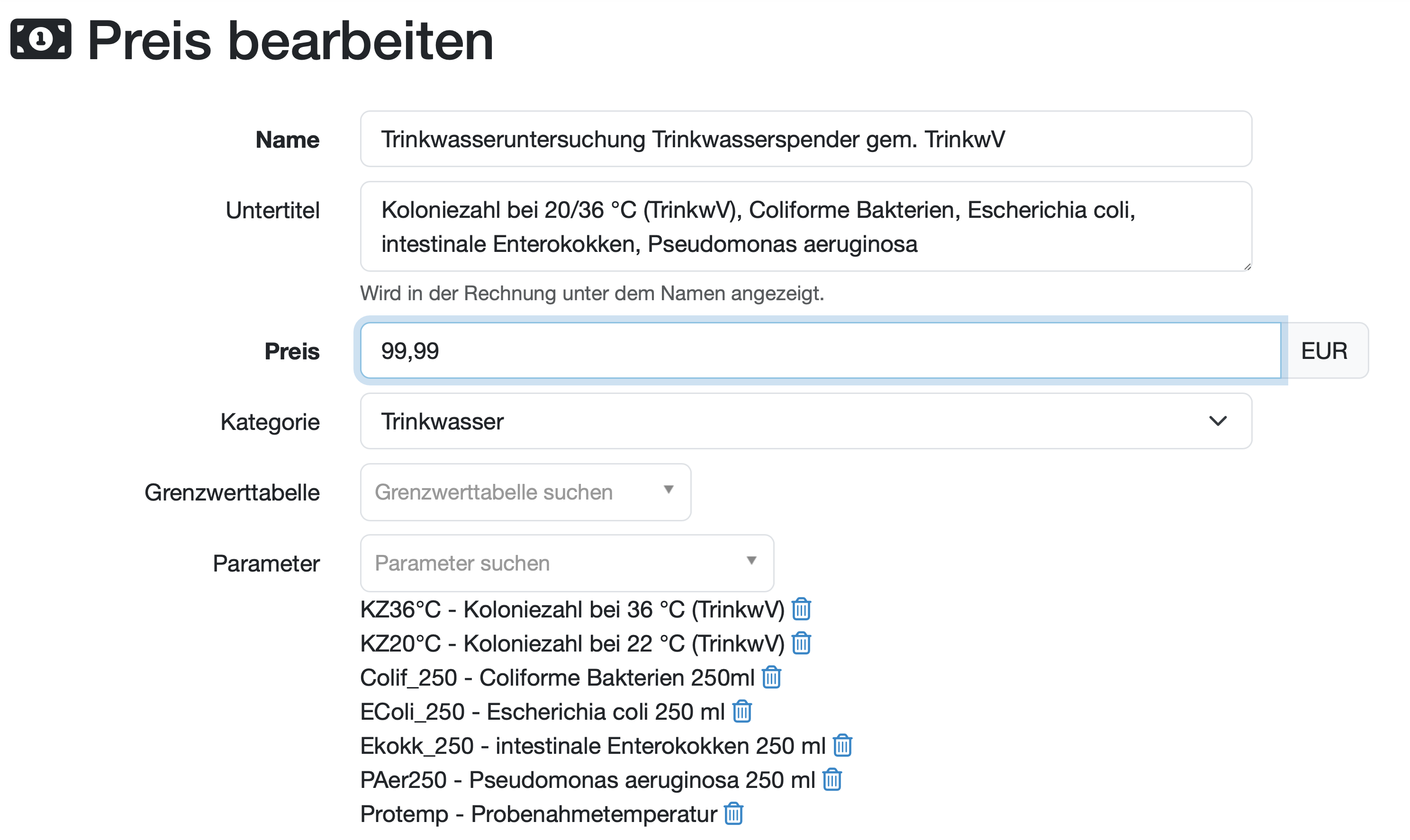 Preise für Analysen im Lims