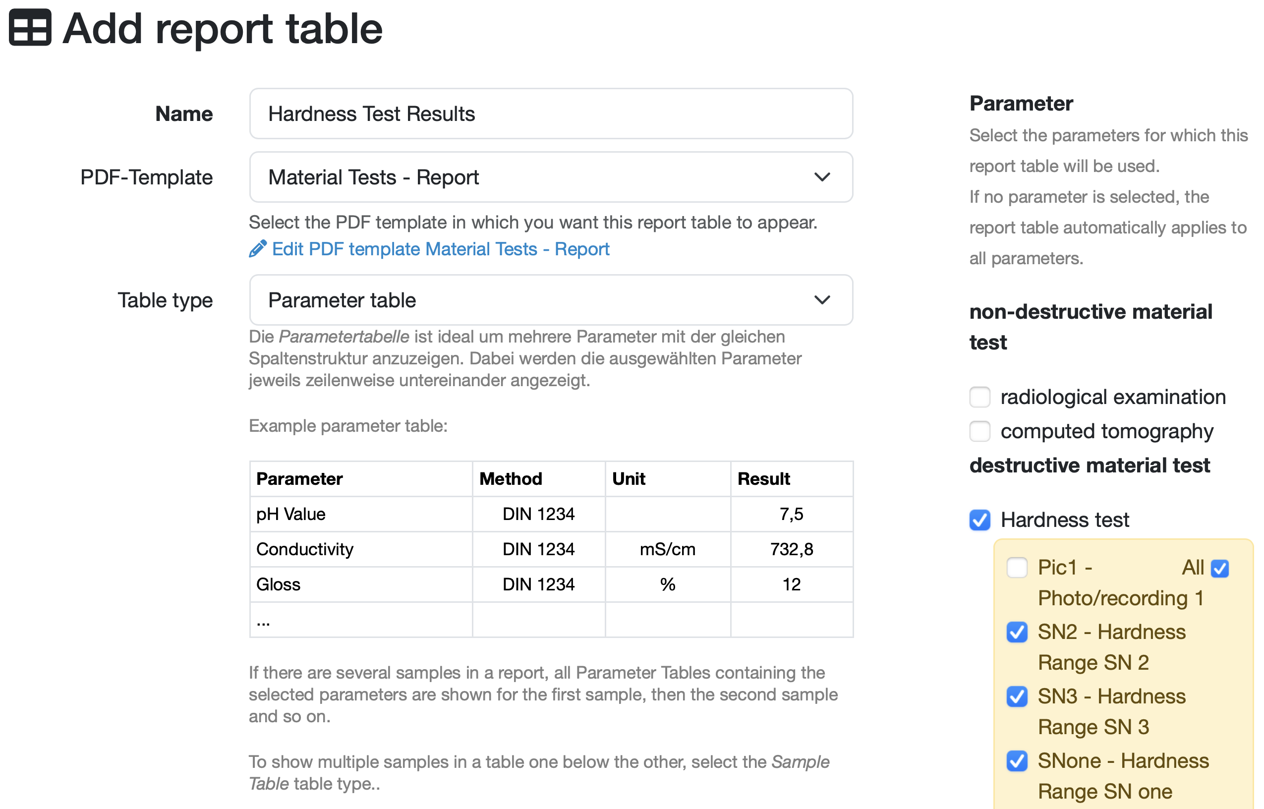 Berichtstabelleneditor