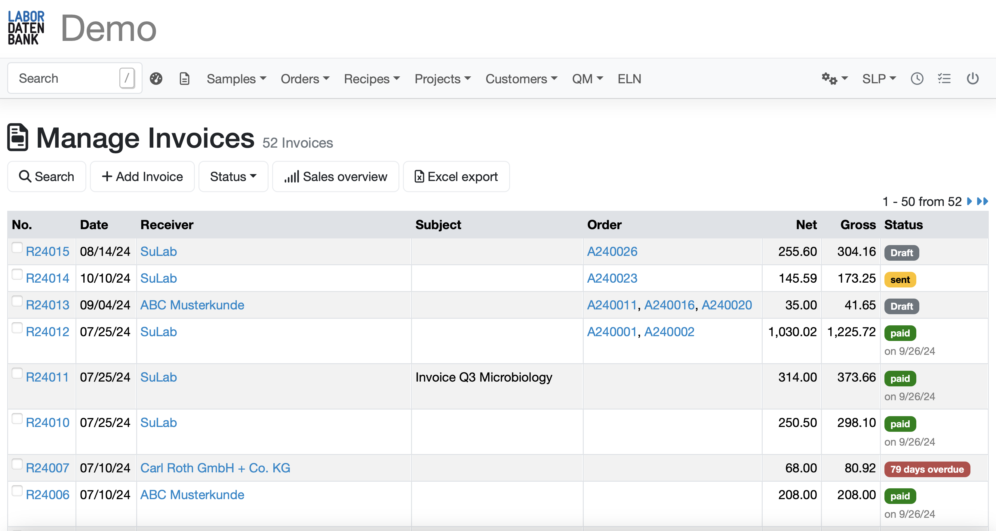 Labordatenbank LIMS Screenshot Rechnungen