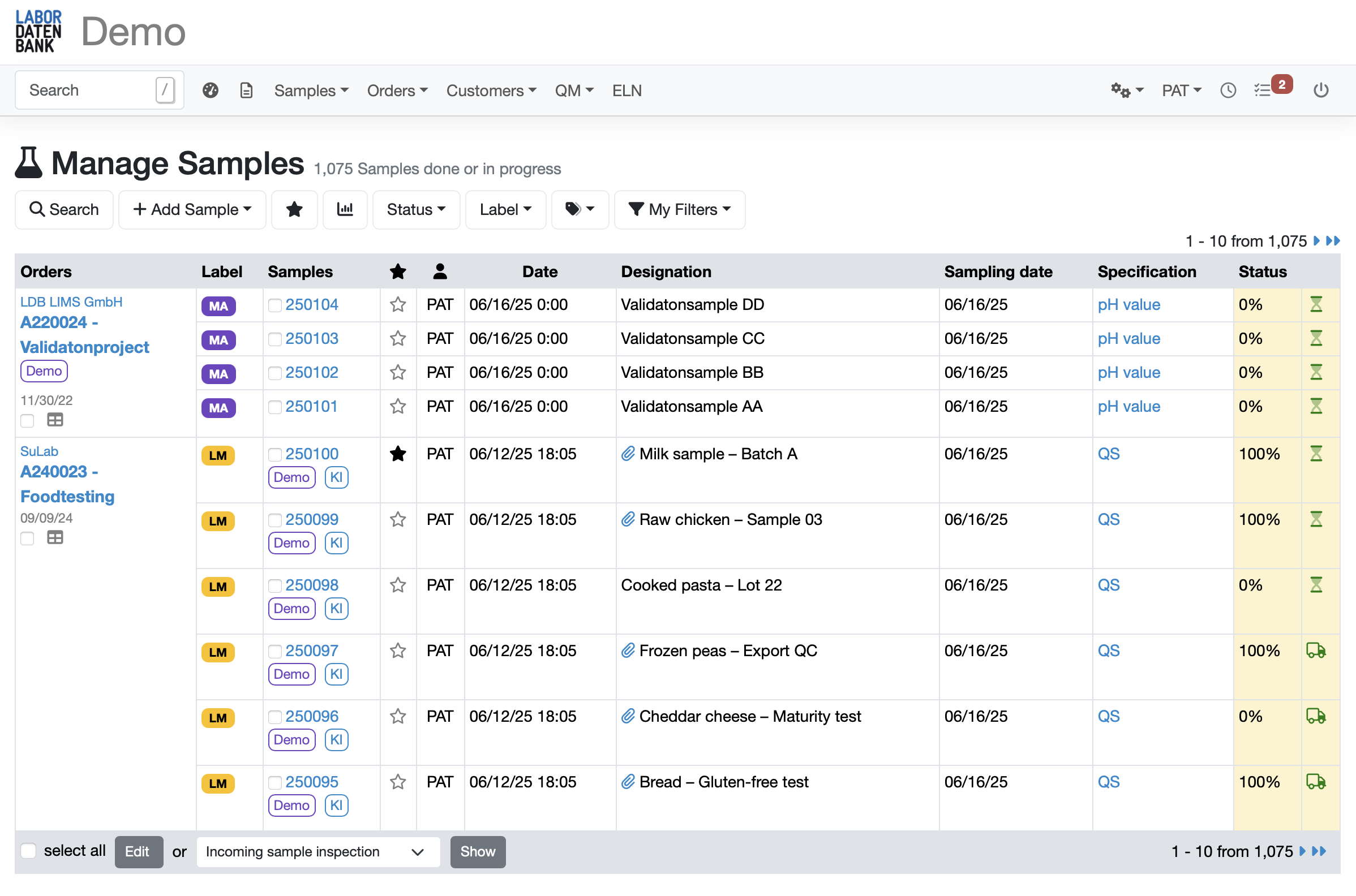 LIMS Probenverwaltung Probenliste